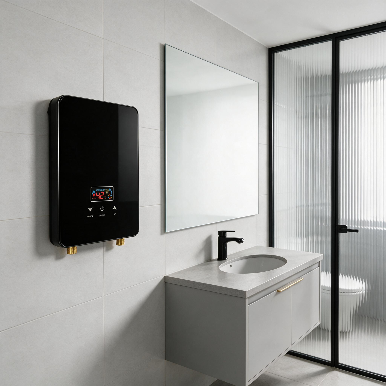 Tankless water heater in minimalist black and white bathroom design